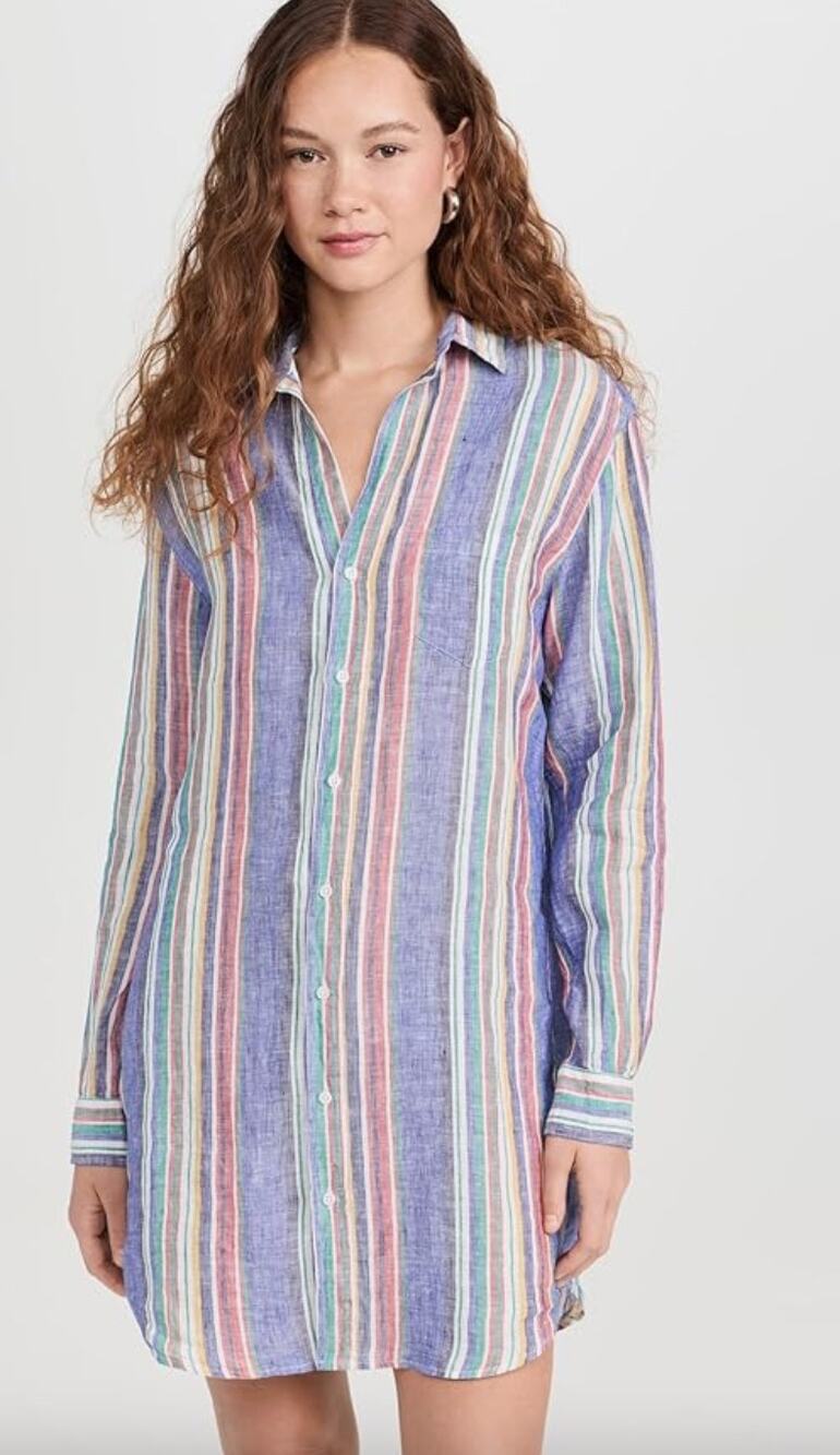 Frank & Eileen Mary Classic Linen Shirtdress Multi Stripe Blue Green Size Small